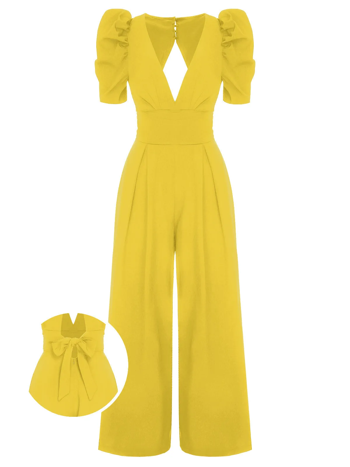 1930s Solid Deep V Puff Sleeves Jumpsuit