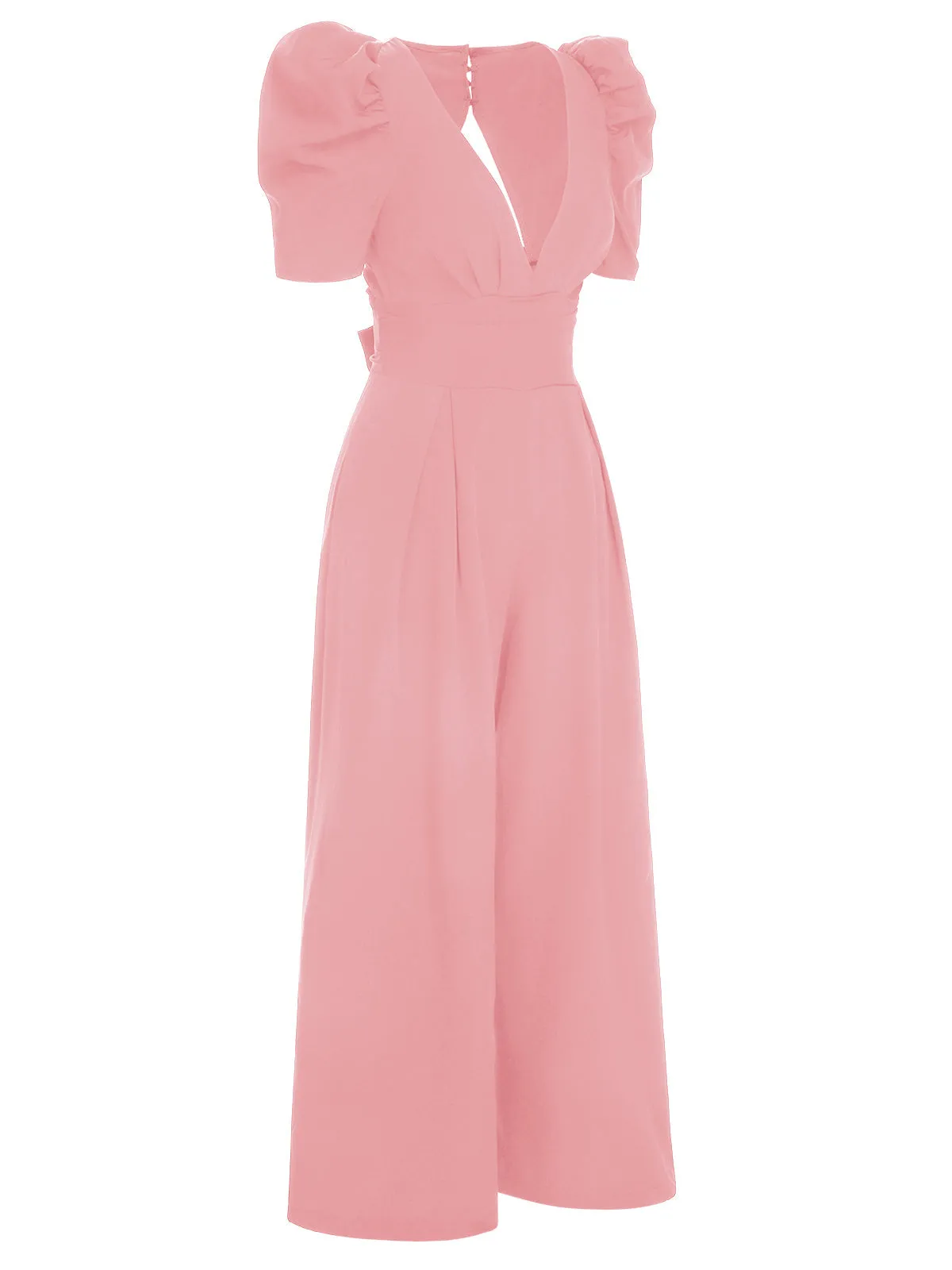 1930s Solid Deep V Puff Sleeves Jumpsuit