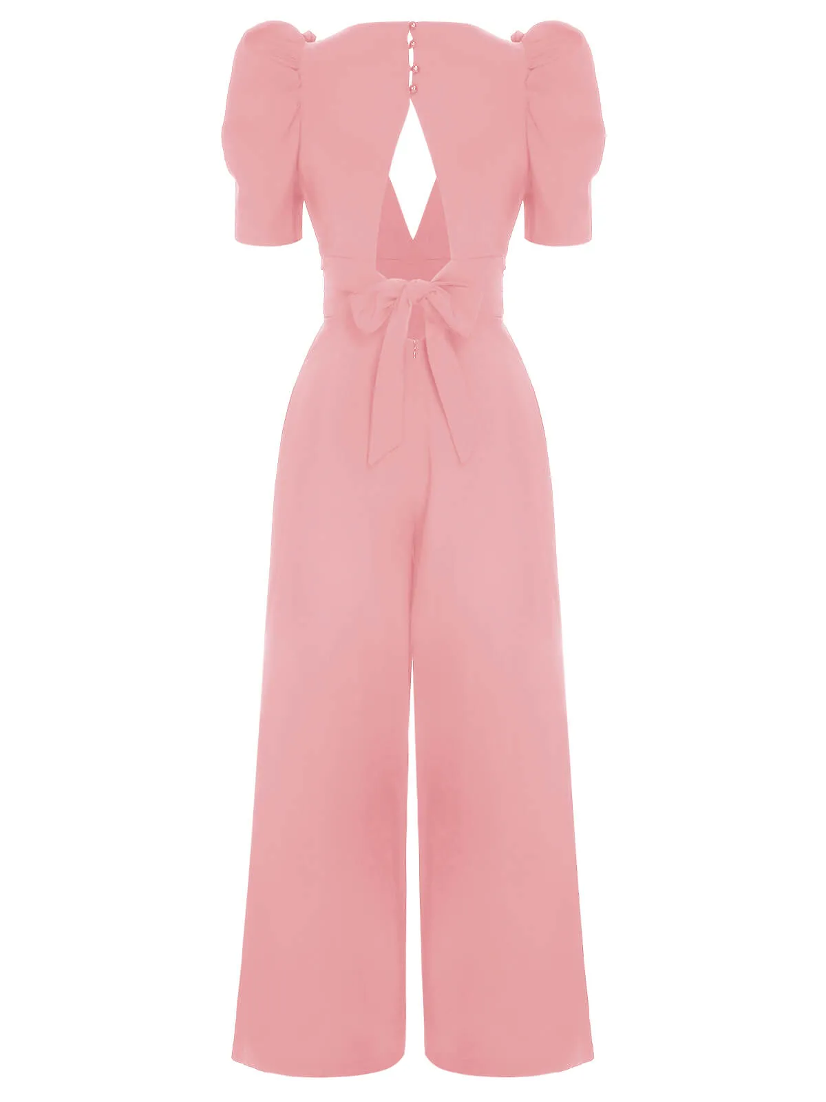 1930s Solid Deep V Puff Sleeves Jumpsuit