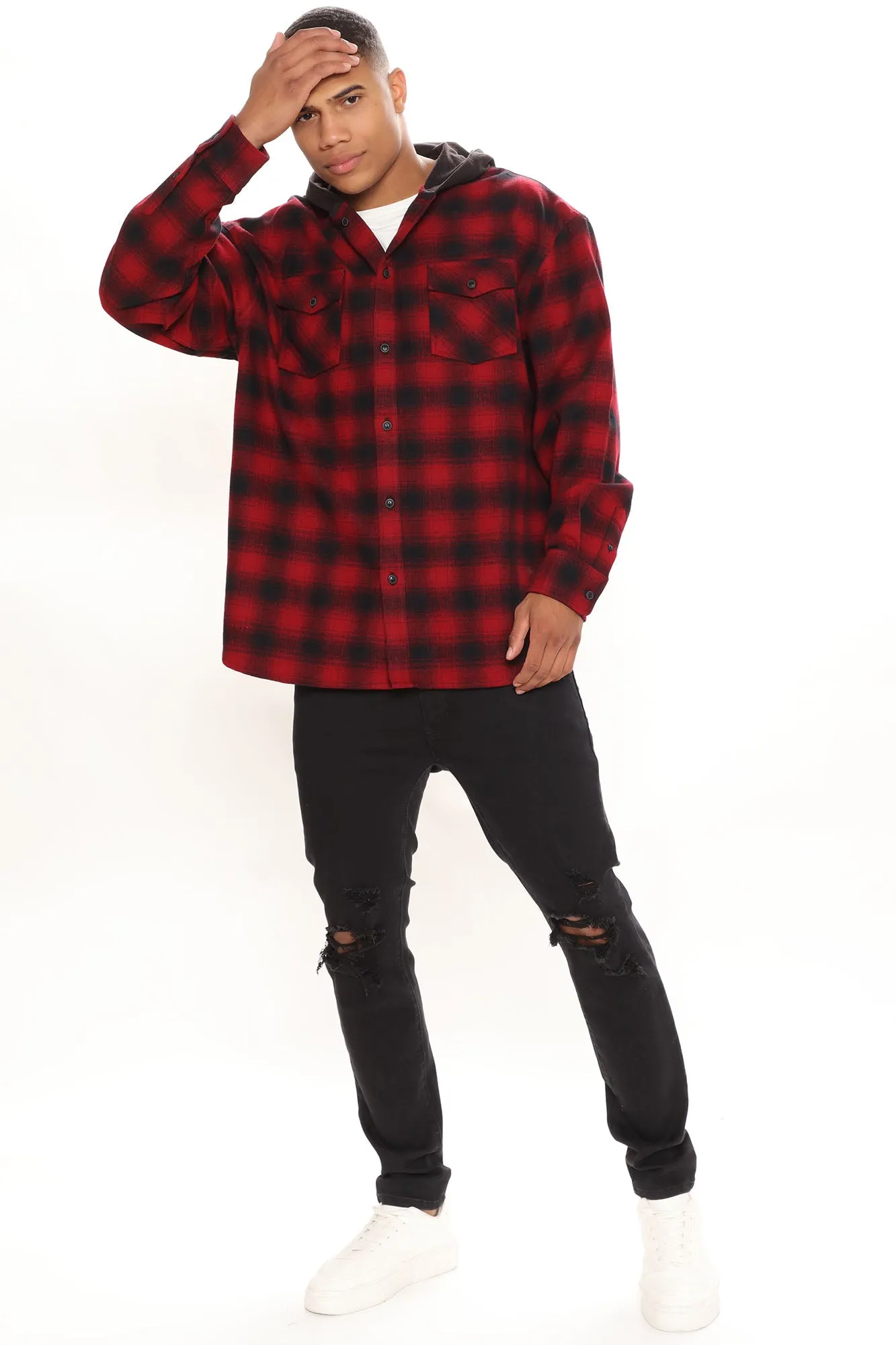 Afternoon Plaid Hooded Shacket - Red/Black