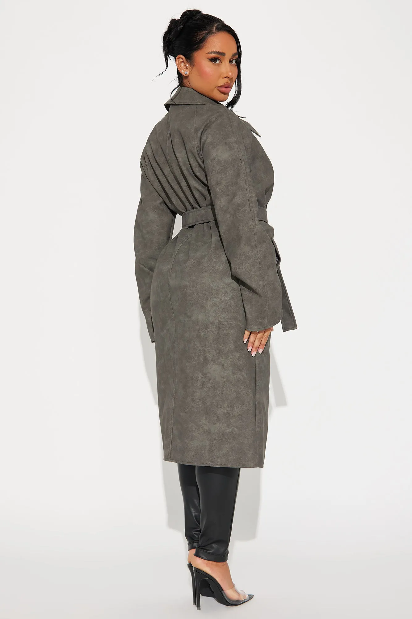 Ayana Washed Faux Leather Trench - Charcoal