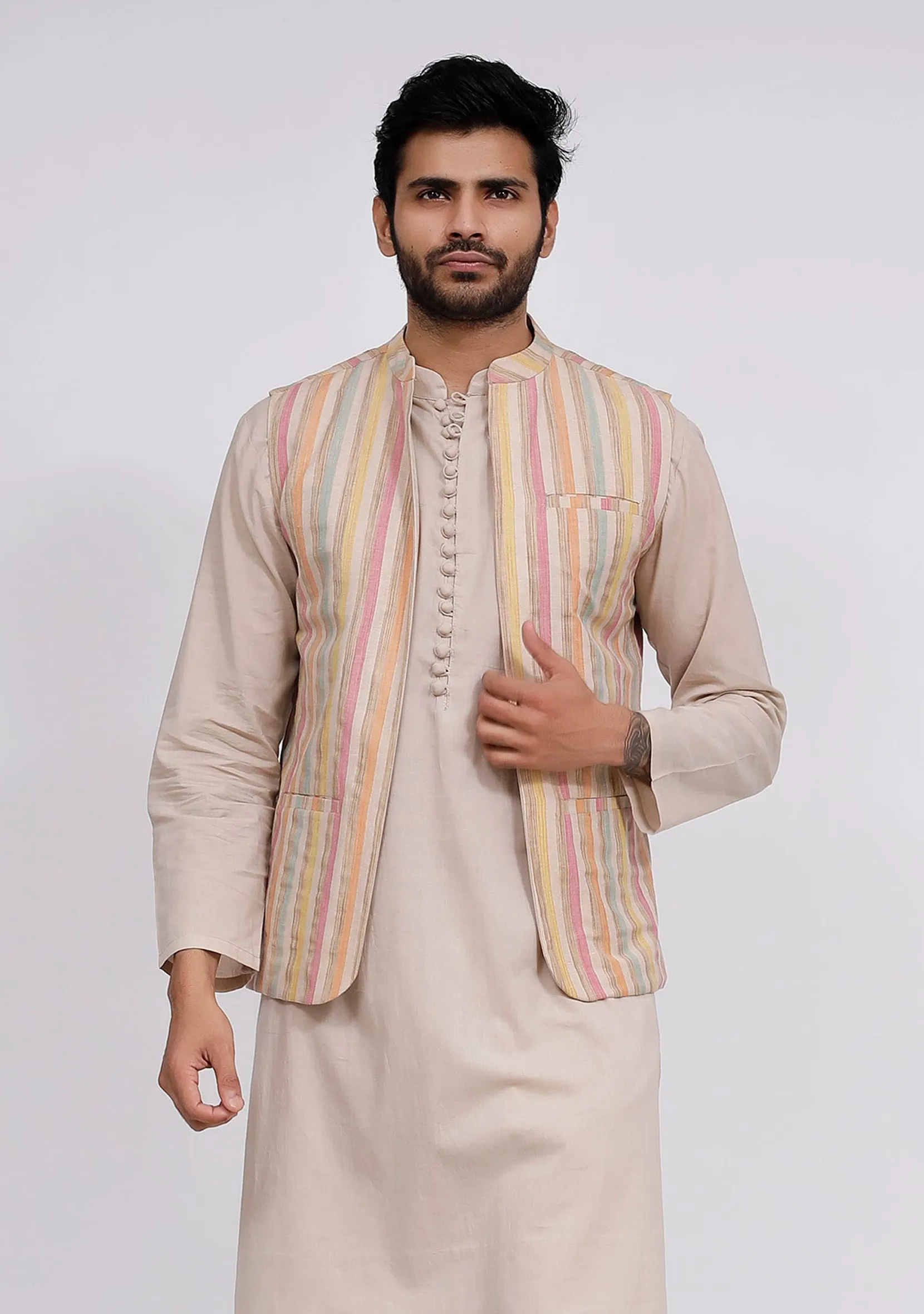 Beige Stripe Nehru Jacket