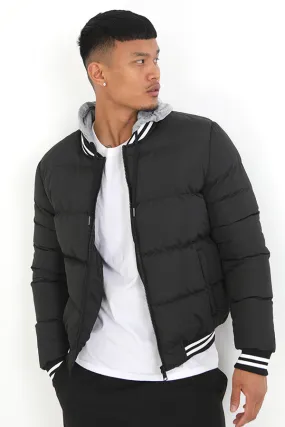 BLACK DETACHABLE HOOD PADDED VARSITY STYLE JACKET