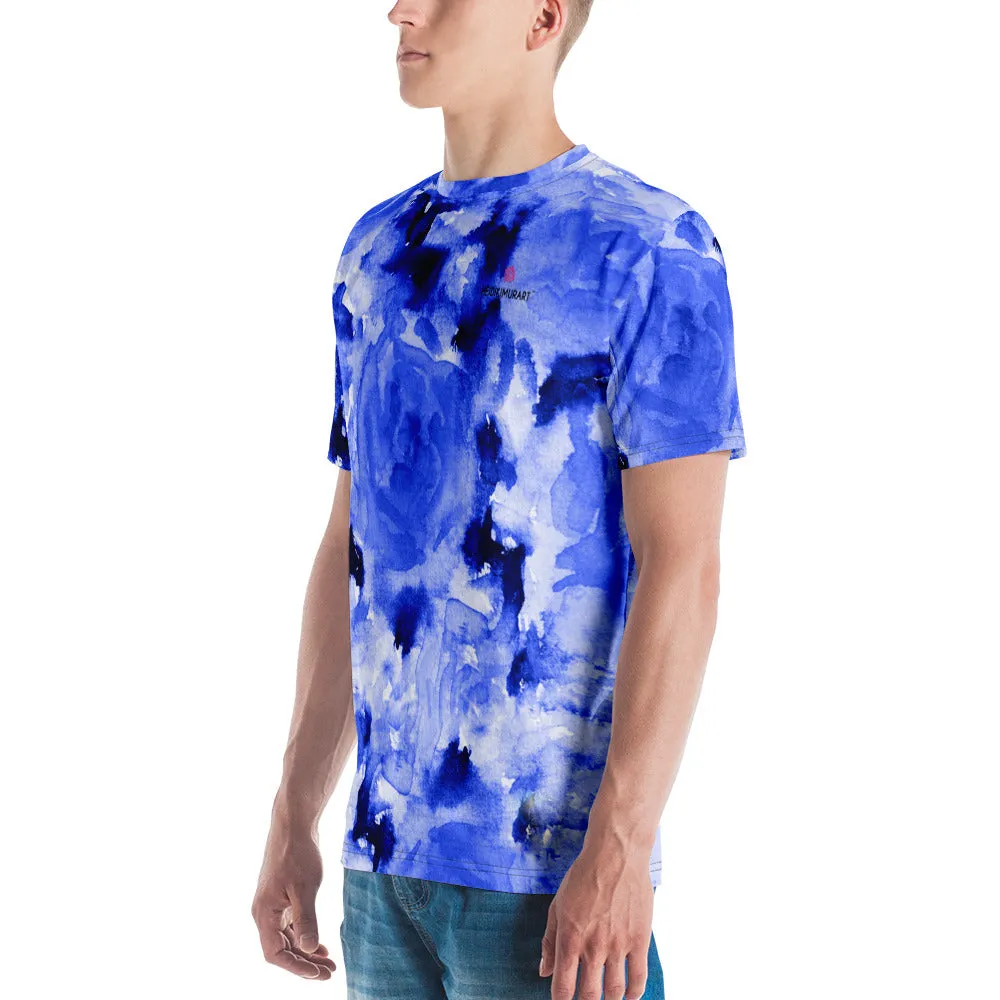 Blue Floral Men's T-shirt, Abstract Flower Print Designer Short Sleeves Regular Fit Shirt-Made in USA/EU