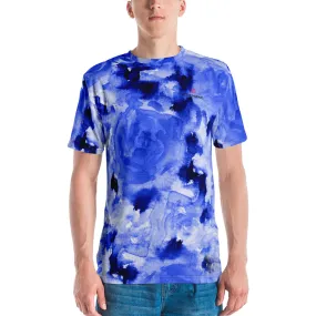 Blue Floral Men's T-shirt, Abstract Flower Print Designer Short Sleeves Regular Fit Shirt-Made in USA/EU