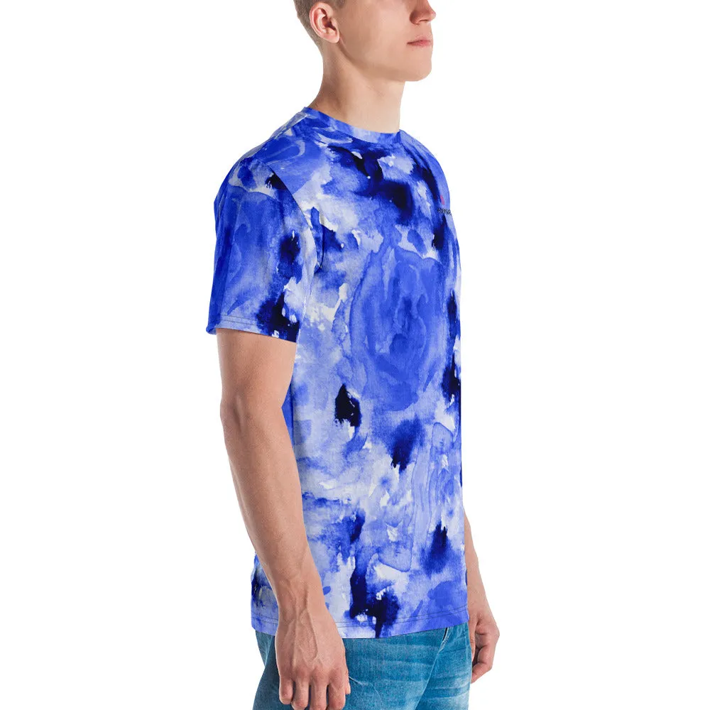 Blue Floral Men's T-shirt, Abstract Flower Print Designer Short Sleeves Regular Fit Shirt-Made in USA/EU