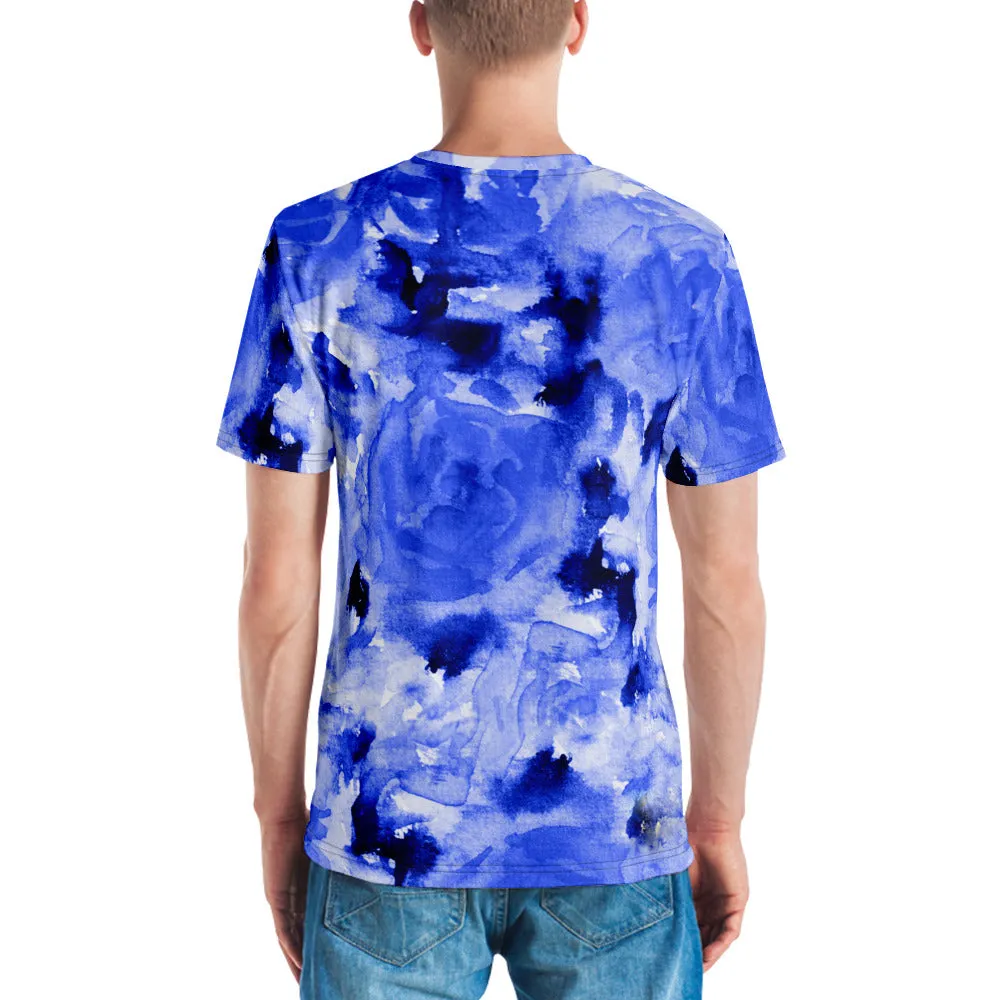 Blue Floral Men's T-shirt, Abstract Flower Print Designer Short Sleeves Regular Fit Shirt-Made in USA/EU