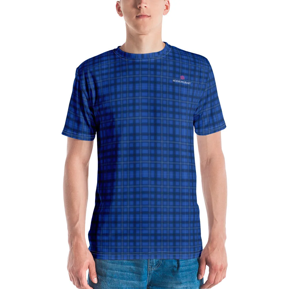 Blue Plaid Print Men's T-shirt, Tartan Scottish Plaid Printed Pattern Tee For Men-Made in USA/EU