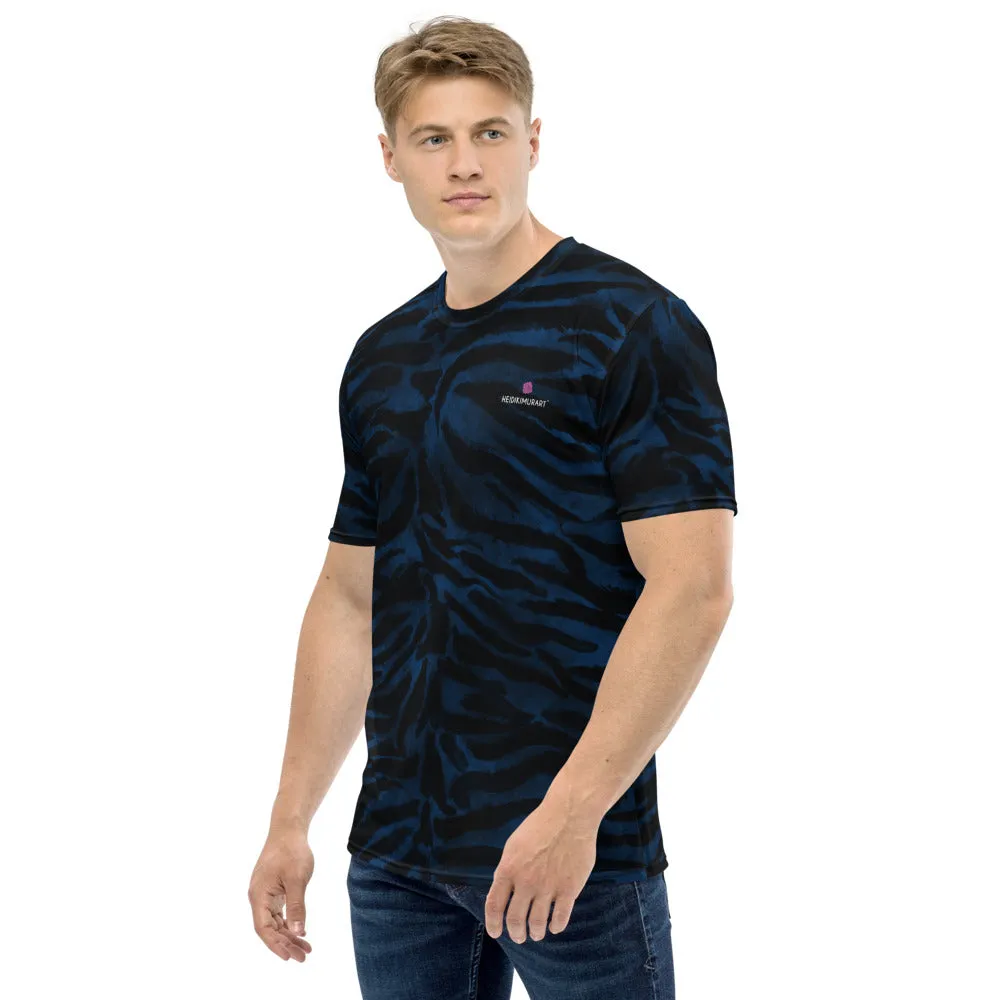 Blue Tiger Striped Men's T-shirt, Animal Print Luxury Tee For Men-Made in USA/EU/MX (US Size, XS-2XL)