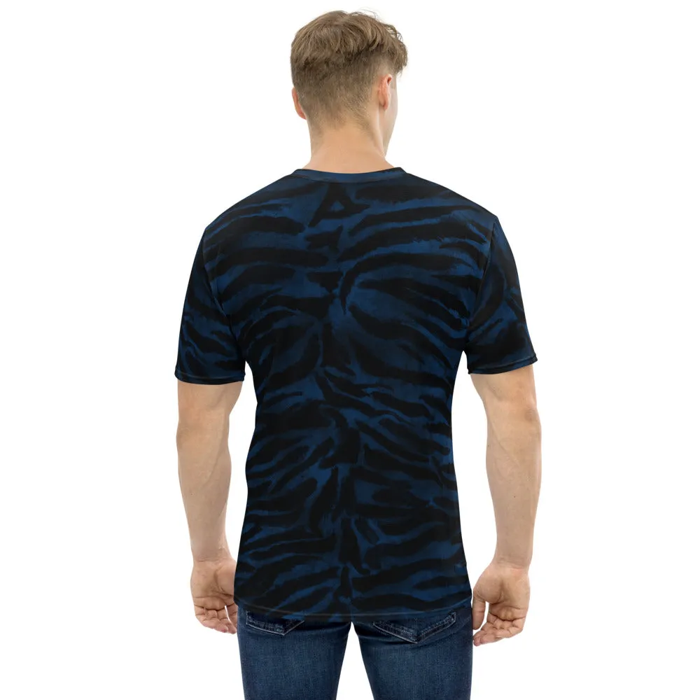 Blue Tiger Striped Men's T-shirt, Animal Print Luxury Tee For Men-Made in USA/EU/MX (US Size, XS-2XL)