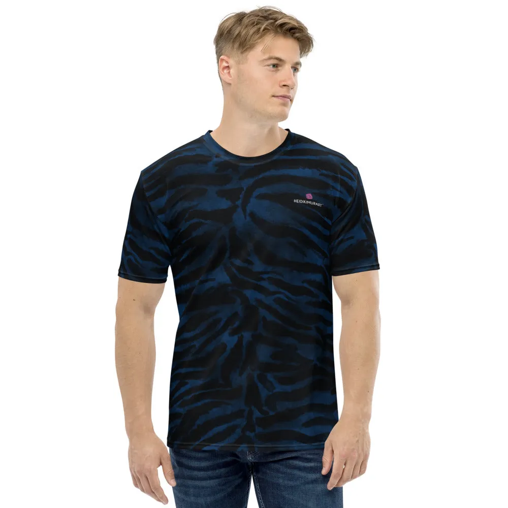 Blue Tiger Striped Men's T-shirt, Animal Print Luxury Tee For Men-Made in USA/EU/MX (US Size, XS-2XL)