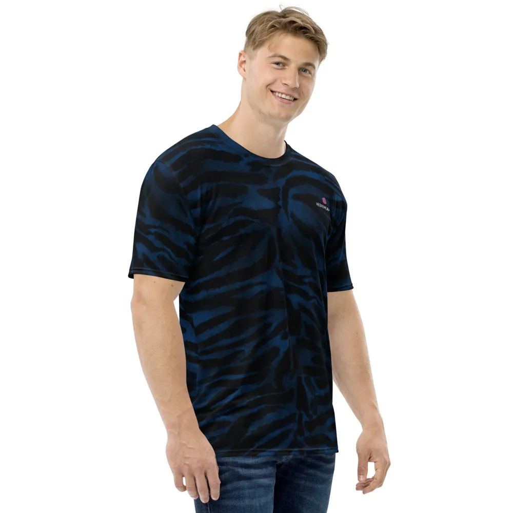 Blue Tiger Striped Men's T-shirt, Animal Print Luxury Tee For Men-Made in USA/EU/MX (US Size, XS-2XL)