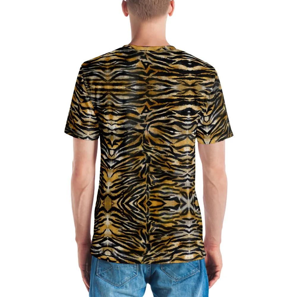 Brown Tiger Striped Men's T-shirt, Tiger Stripes Animal Print Premium Tees For Men-Made in USA/EU