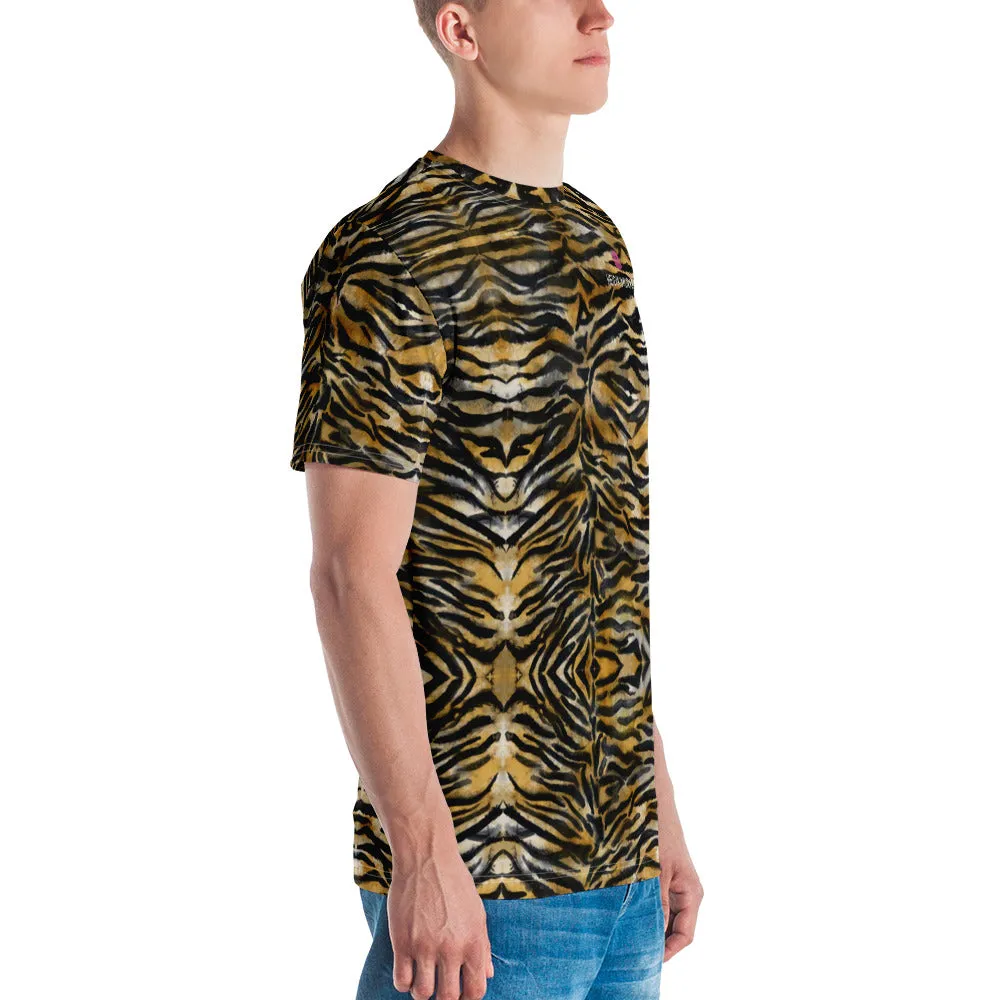 Brown Tiger Striped Men's T-shirt, Tiger Stripes Animal Print Premium Tees For Men-Made in USA/EU