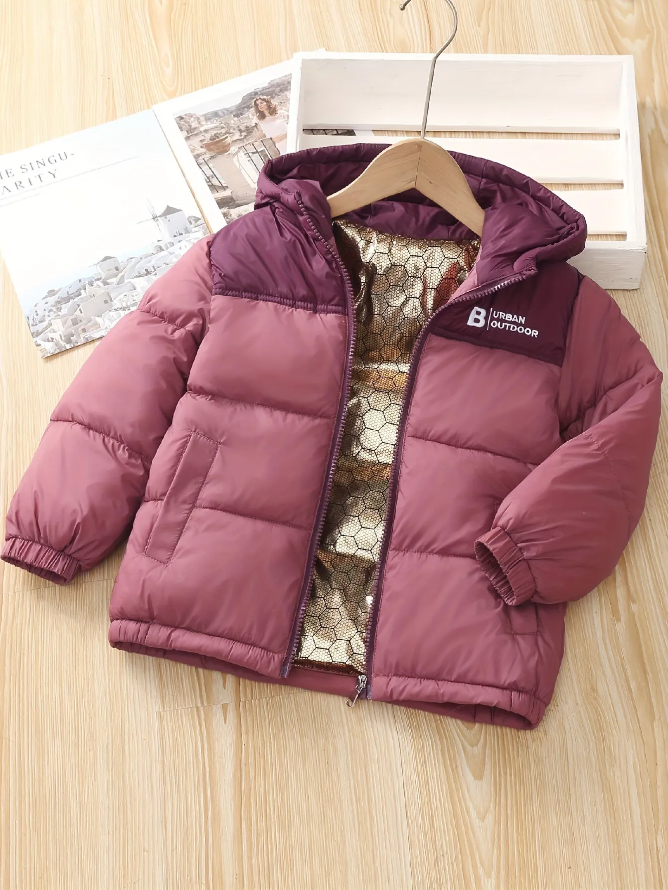 Contrast Color Warm Padded Jacket For Girls Boys, Casual Hooded Imitation Puffer Jackets Winter Clothing