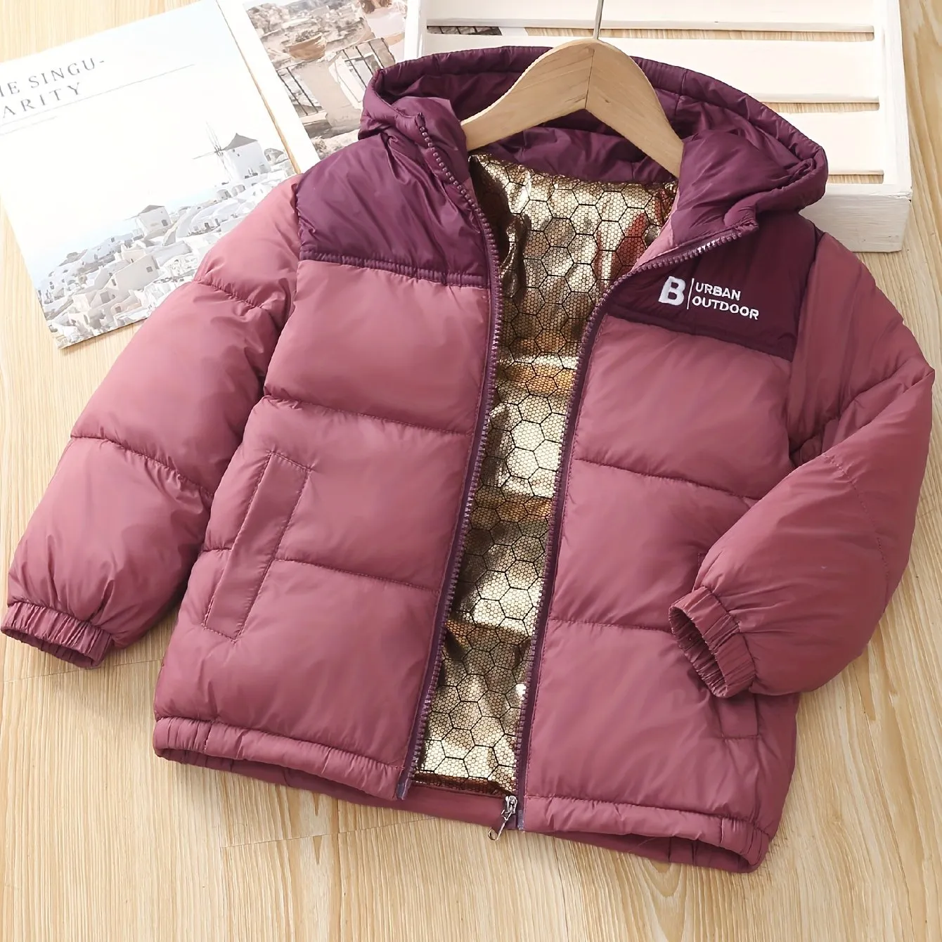 Contrast Color Warm Padded Jacket For Girls Boys, Casual Hooded Imitation Puffer Jackets Winter Clothing