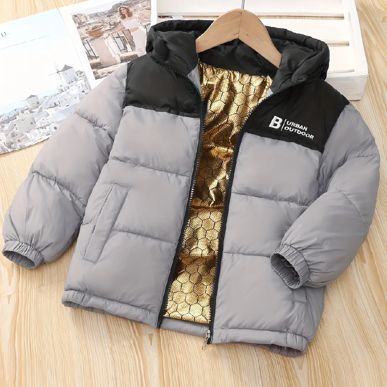 Contrast Color Warm Padded Jacket For Girls Boys, Casual Hooded Imitation Puffer Jackets Winter Clothing