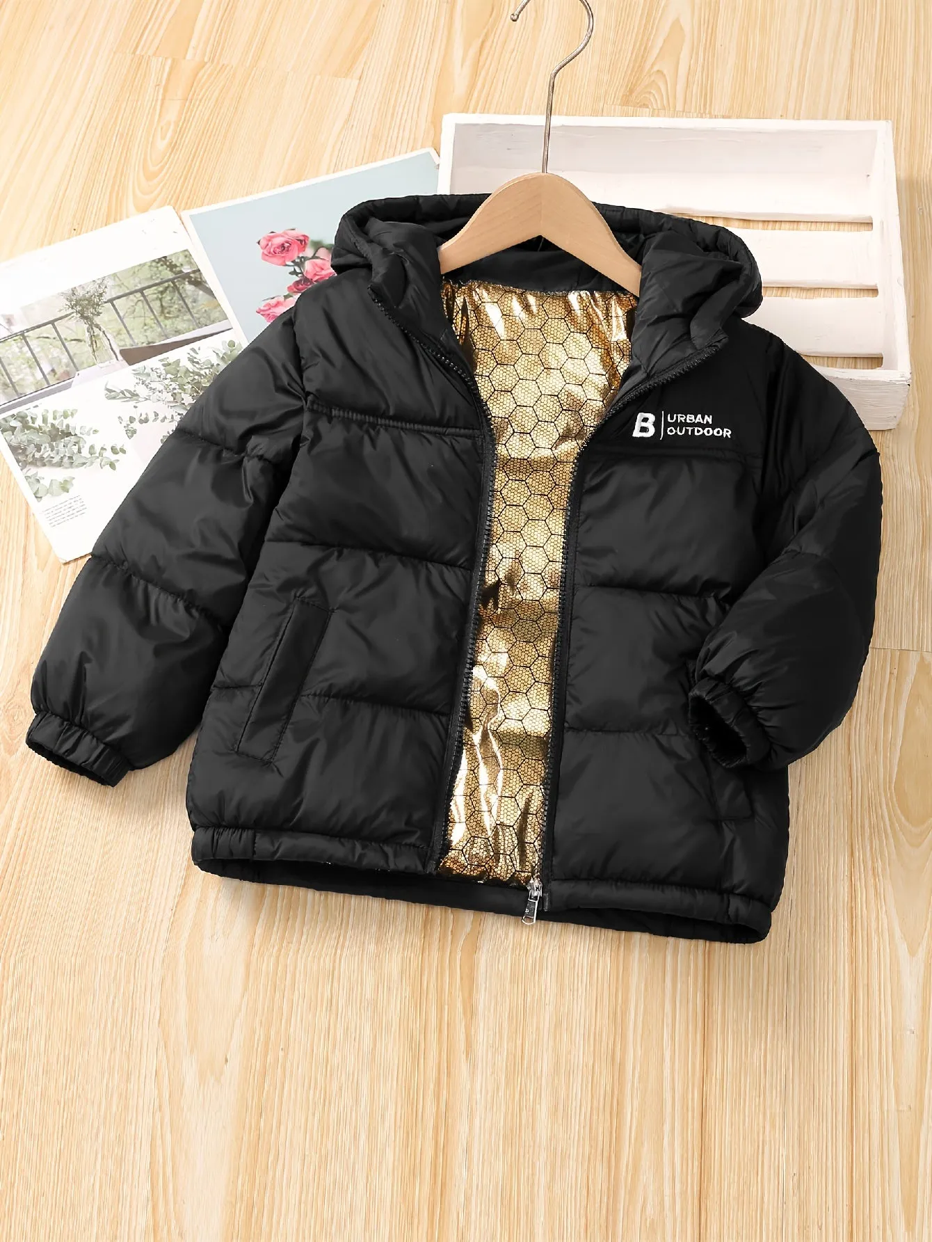 Contrast Color Warm Padded Jacket For Girls Boys, Casual Hooded Imitation Puffer Jackets Winter Clothing