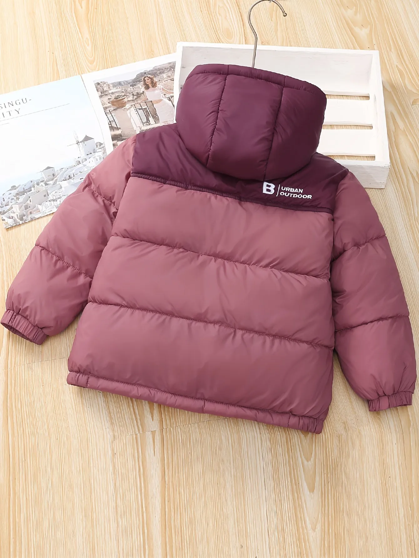 Contrast Color Warm Padded Jacket For Girls Boys, Casual Hooded Imitation Puffer Jackets Winter Clothing