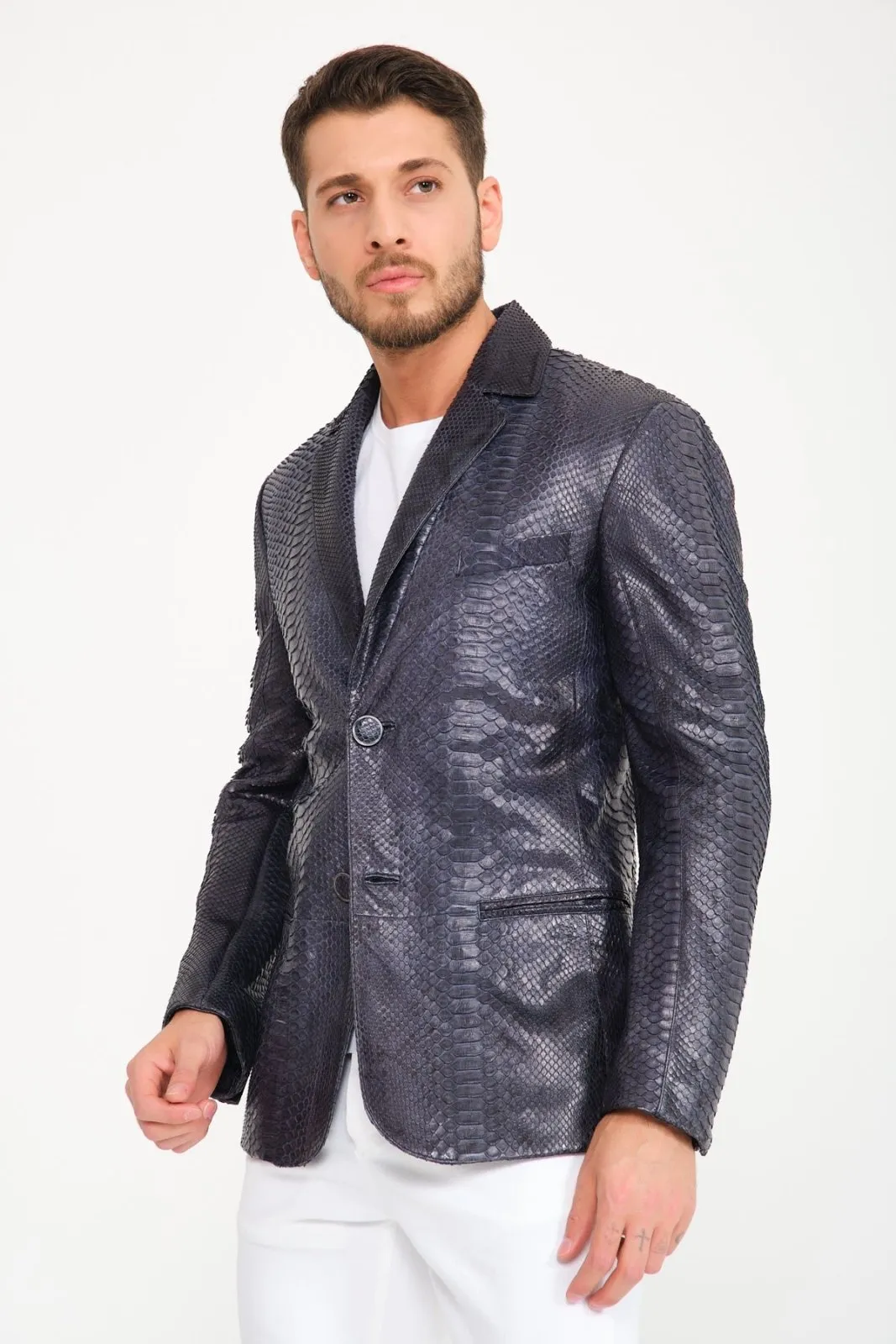 Dark Navy Python Leather Blazer Jacket