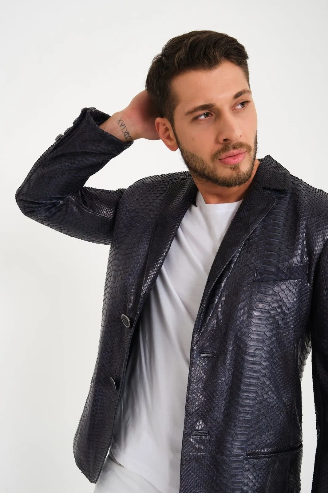 Dark Navy Python Leather Blazer Jacket