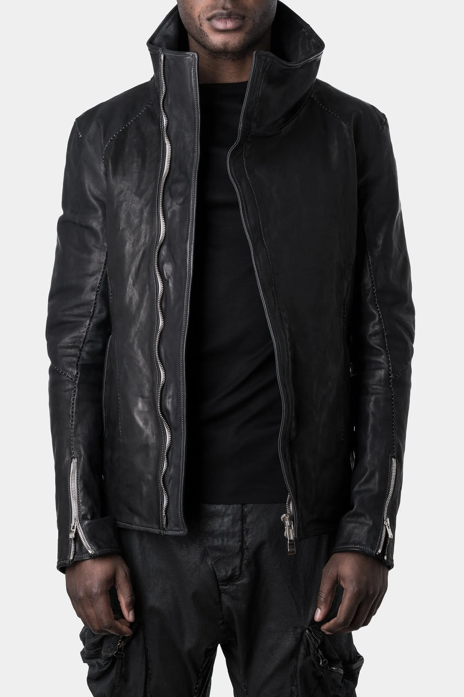 Darted shoulder scar stitch leather jacket