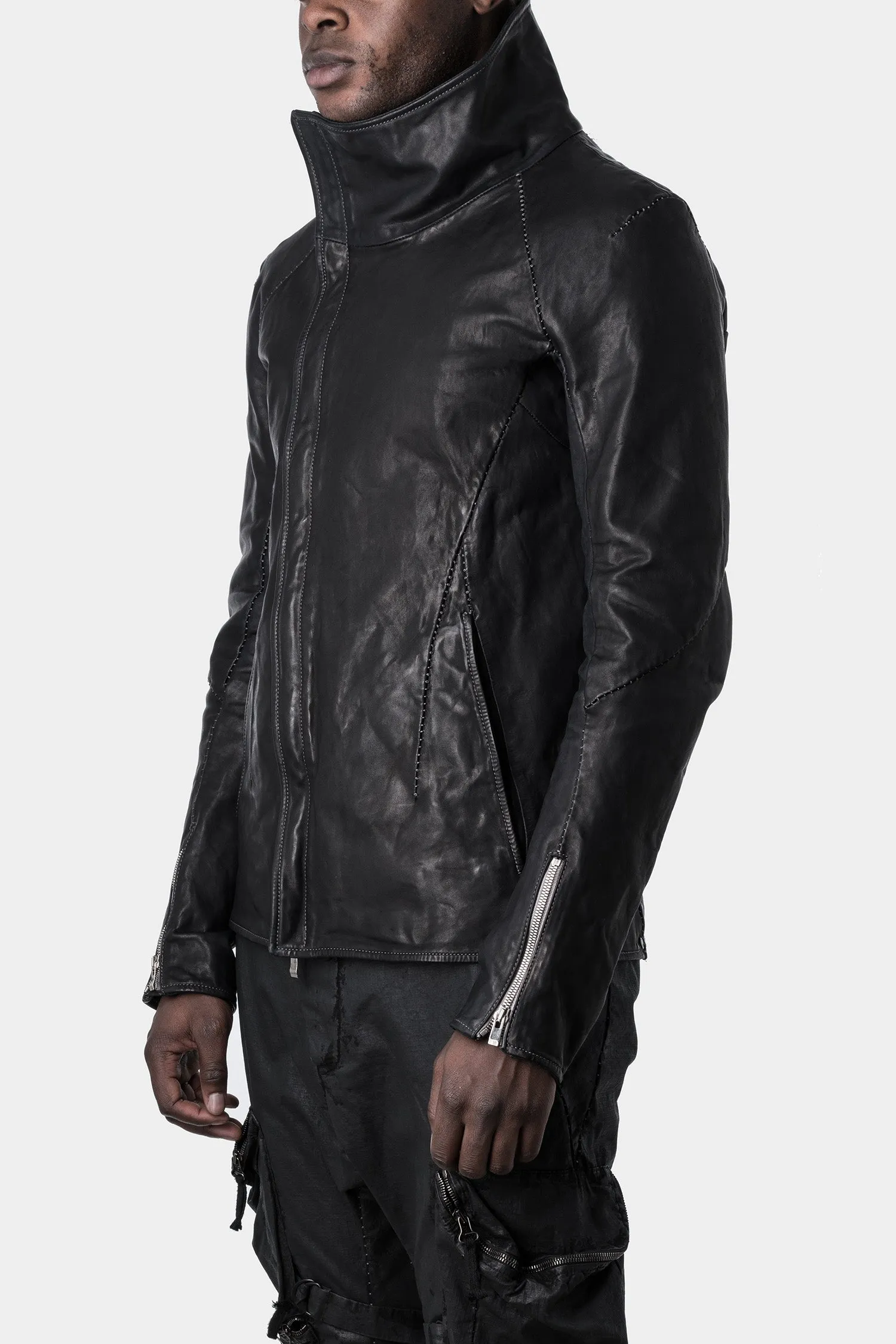 Darted shoulder scar stitch leather jacket