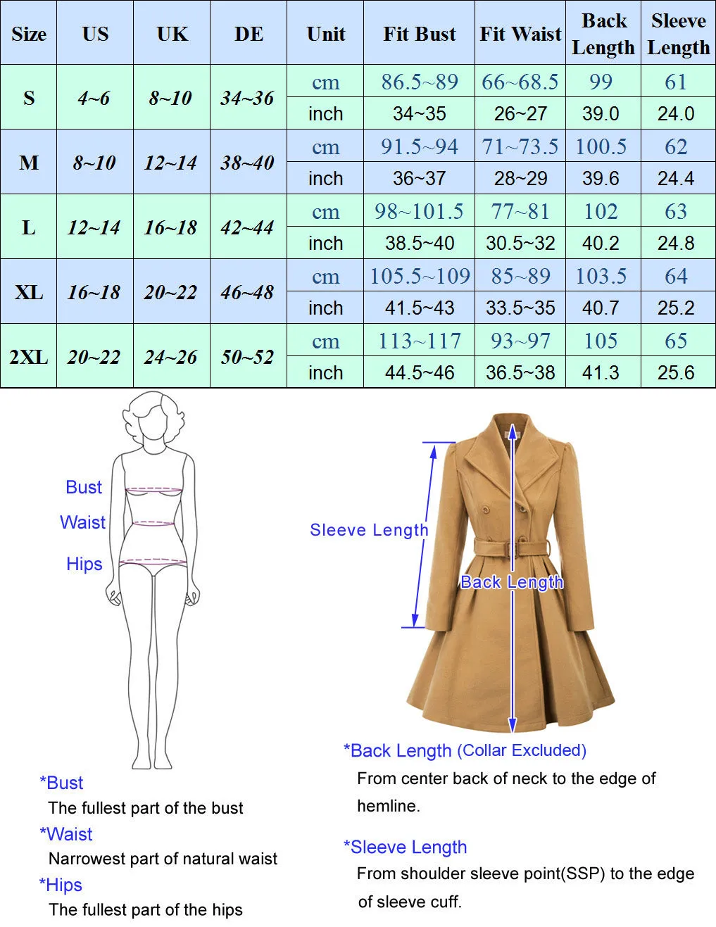 Double Breasted Dress Coats Winter Trench Jacket with Belt