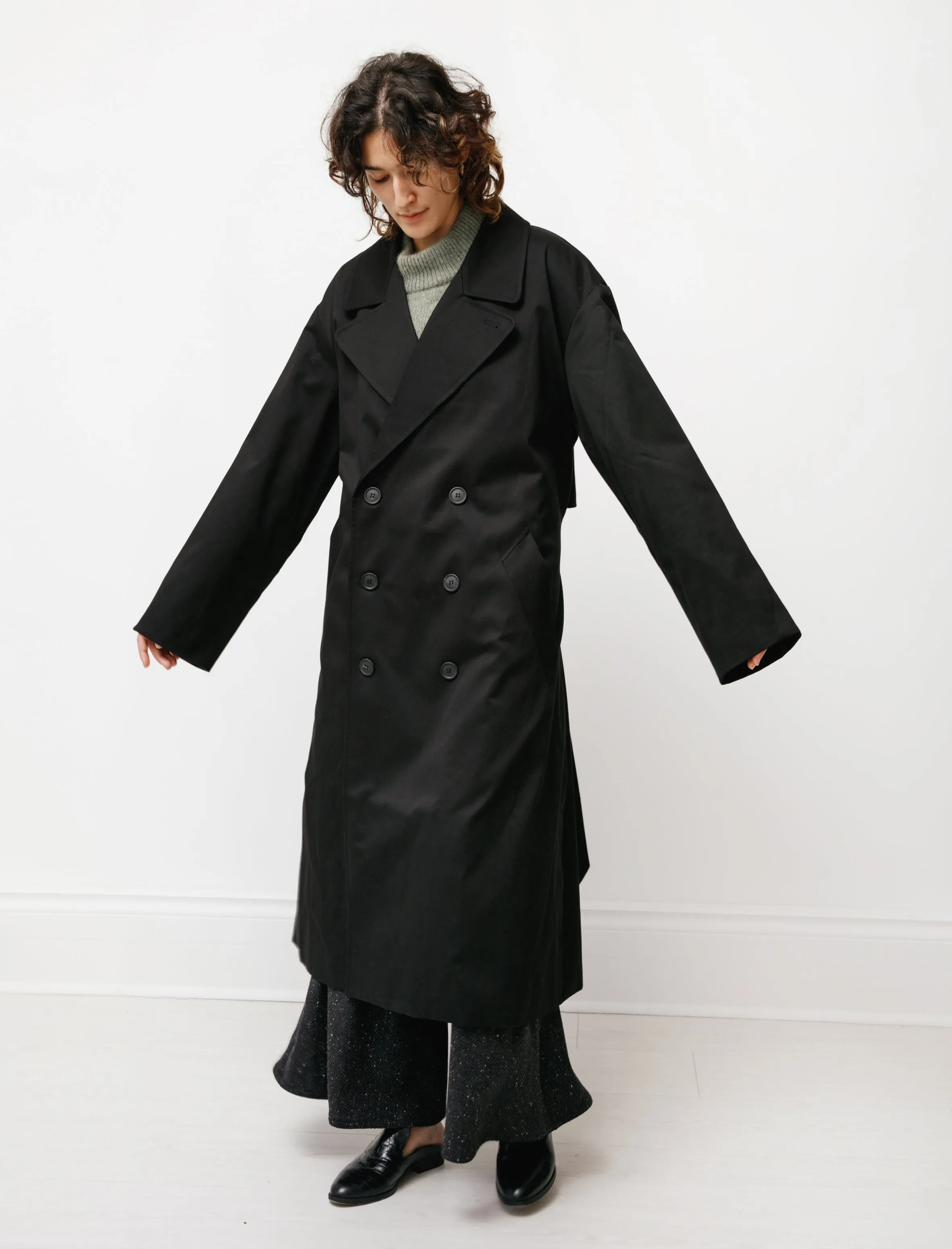 Double Breasted Trench with Leather Patch Black