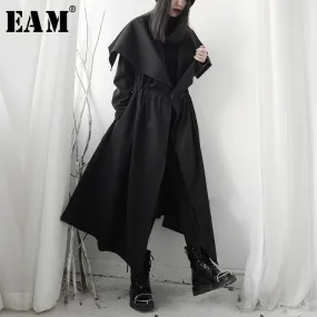 [EAM] Women Black Asymmetrical Big Vent Long Trench New Lapel Long Sleeve Loose Fit Windbreaker Fashion Tide Spring 2020 1S243