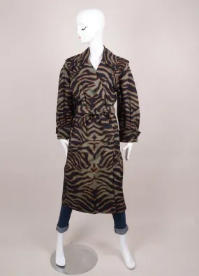 Green and Black Animal Print Belted Long Trench Coat