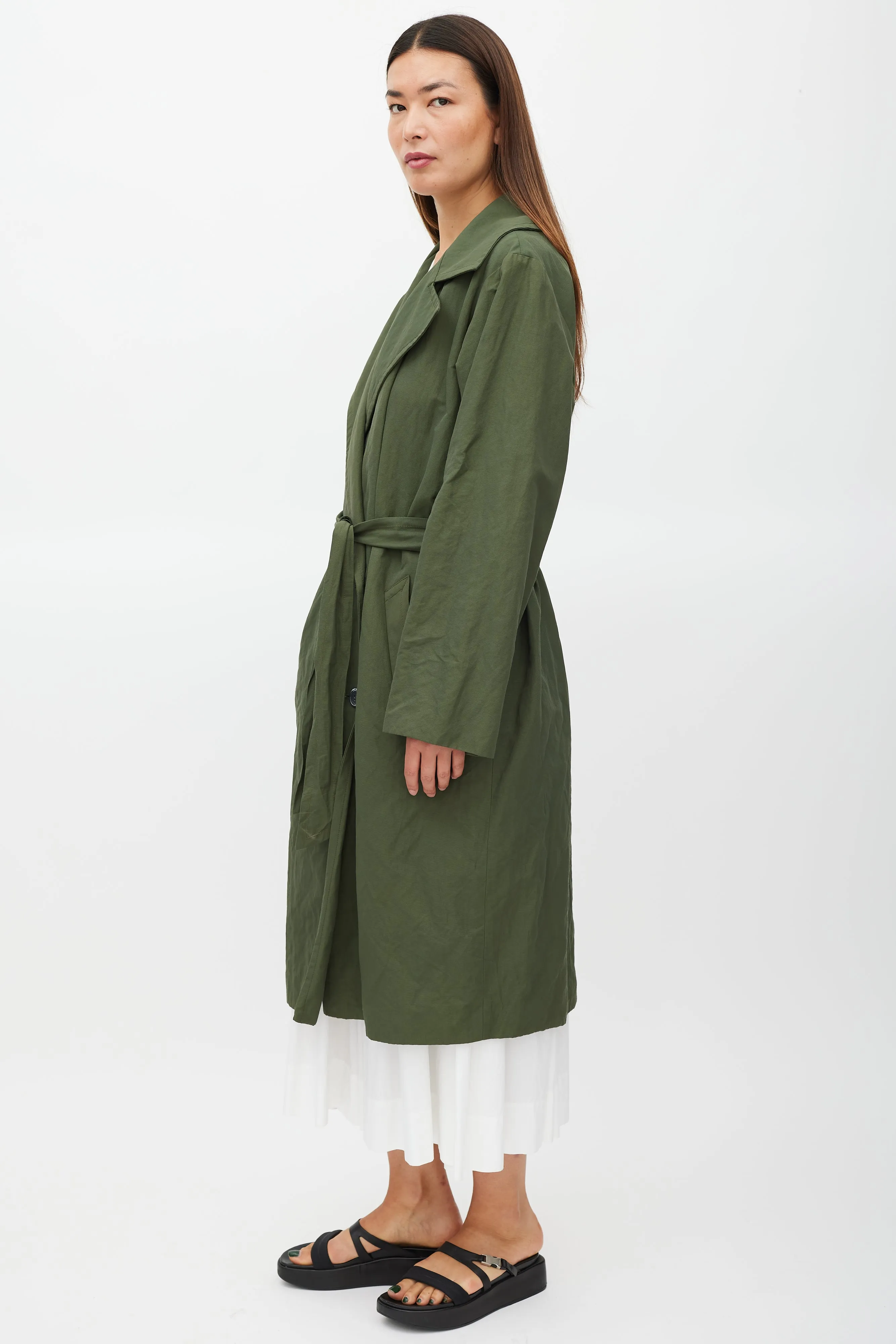 Green Belted Two Pocket Trench Coat