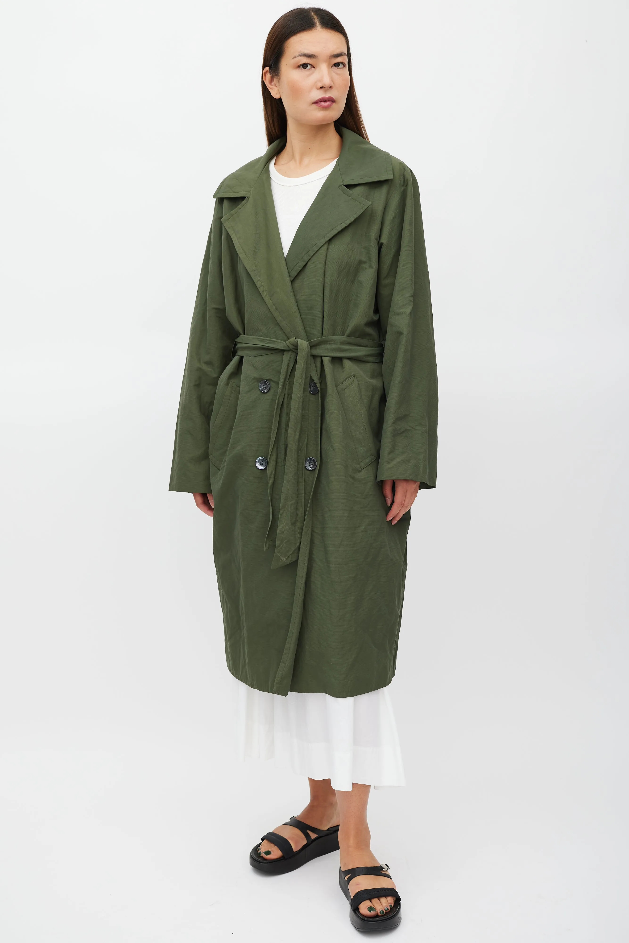 Green Belted Two Pocket Trench Coat