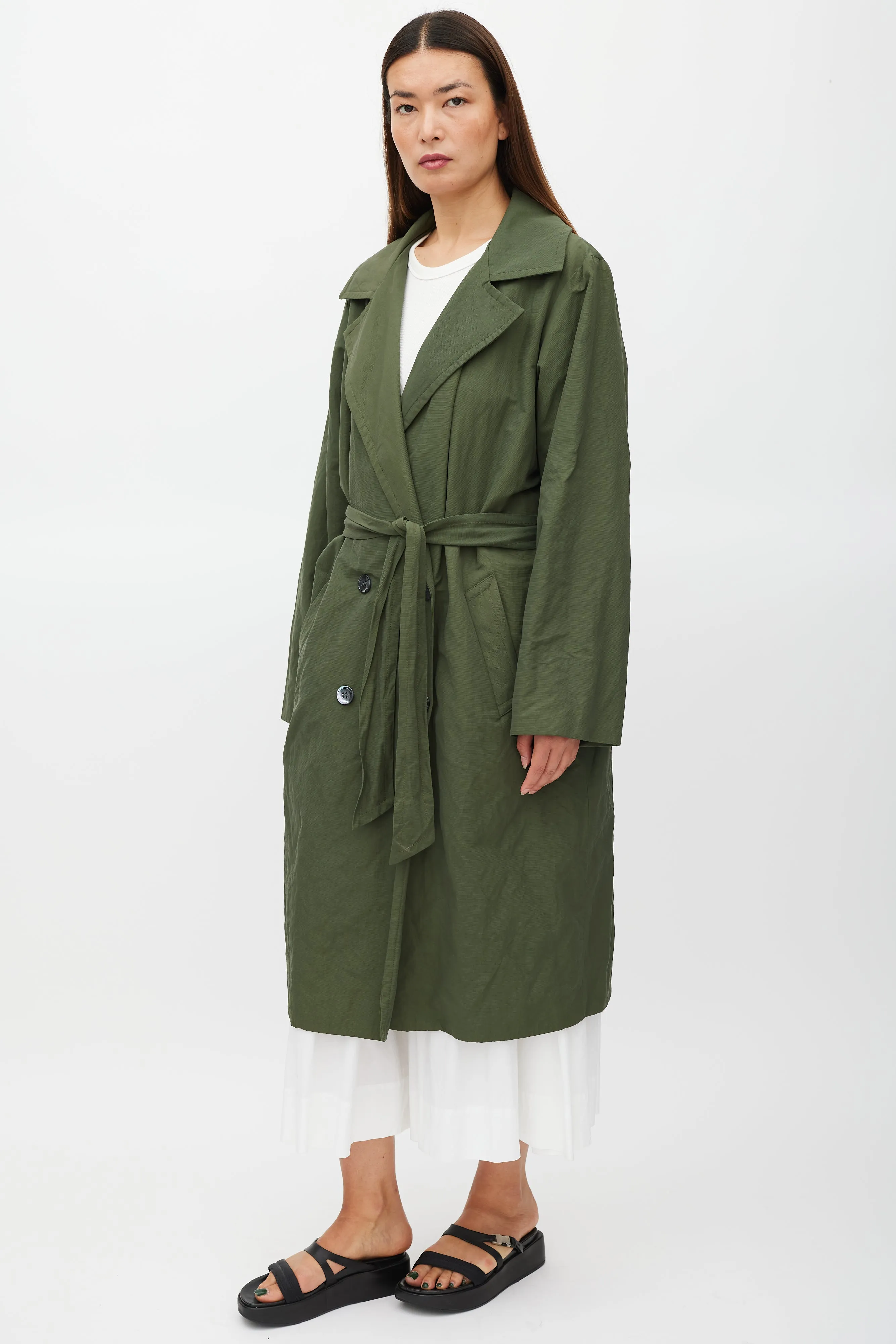 Green Belted Two Pocket Trench Coat