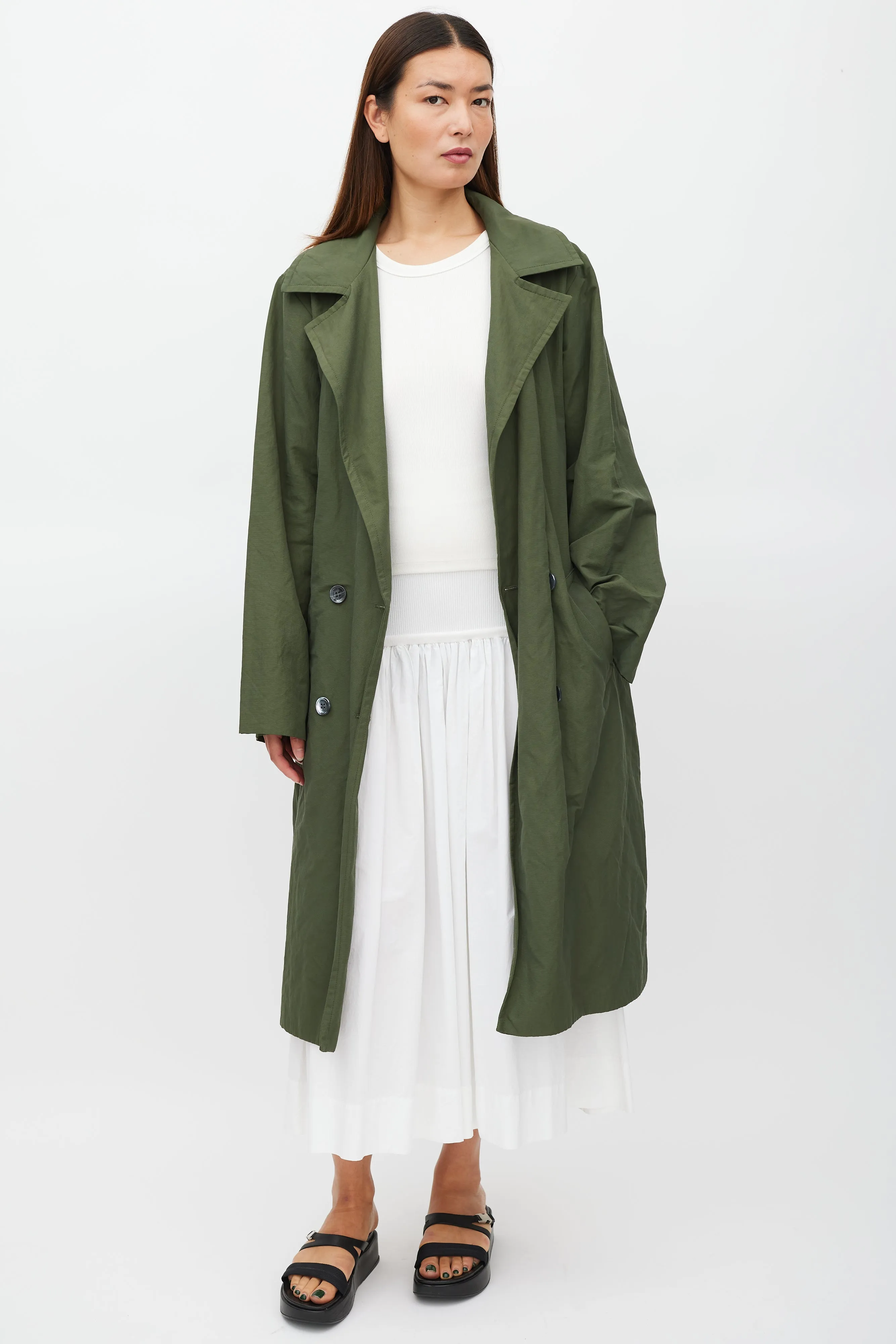 Green Belted Two Pocket Trench Coat