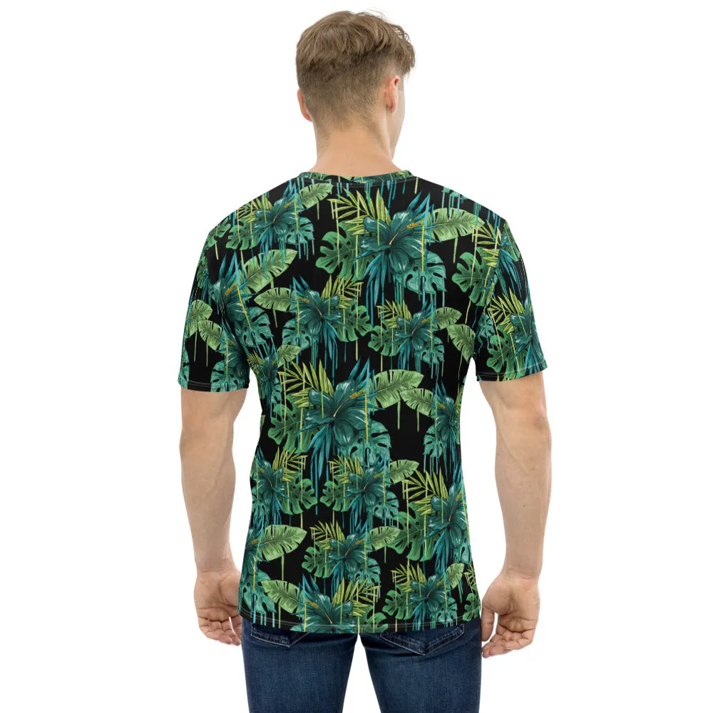 Green Tropical Men's T-shirt, Hawaiian Style Tropical Print Luxury Tees For Men-Made in USA/EU