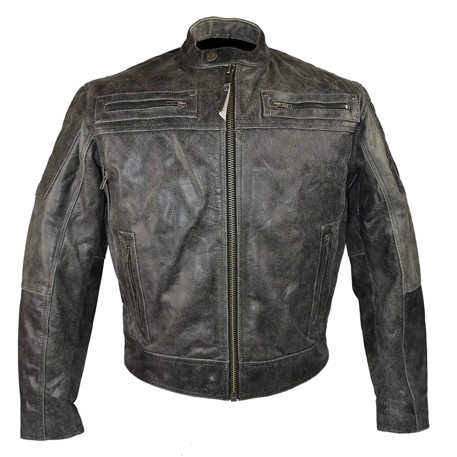 HMM542DG High Mileage Men's Distressed Gray Padded and Vented Leather Scooter Jacket