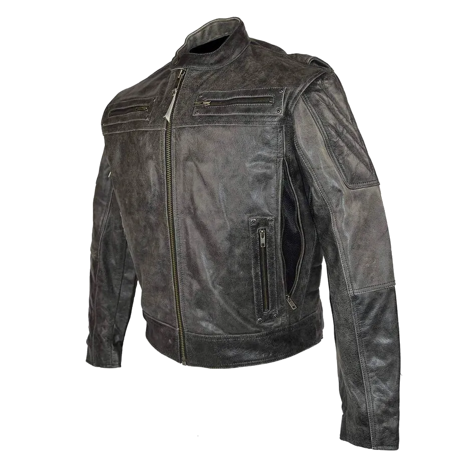 HMM542DG High Mileage Men's Distressed Gray Padded and Vented Leather Scooter Jacket