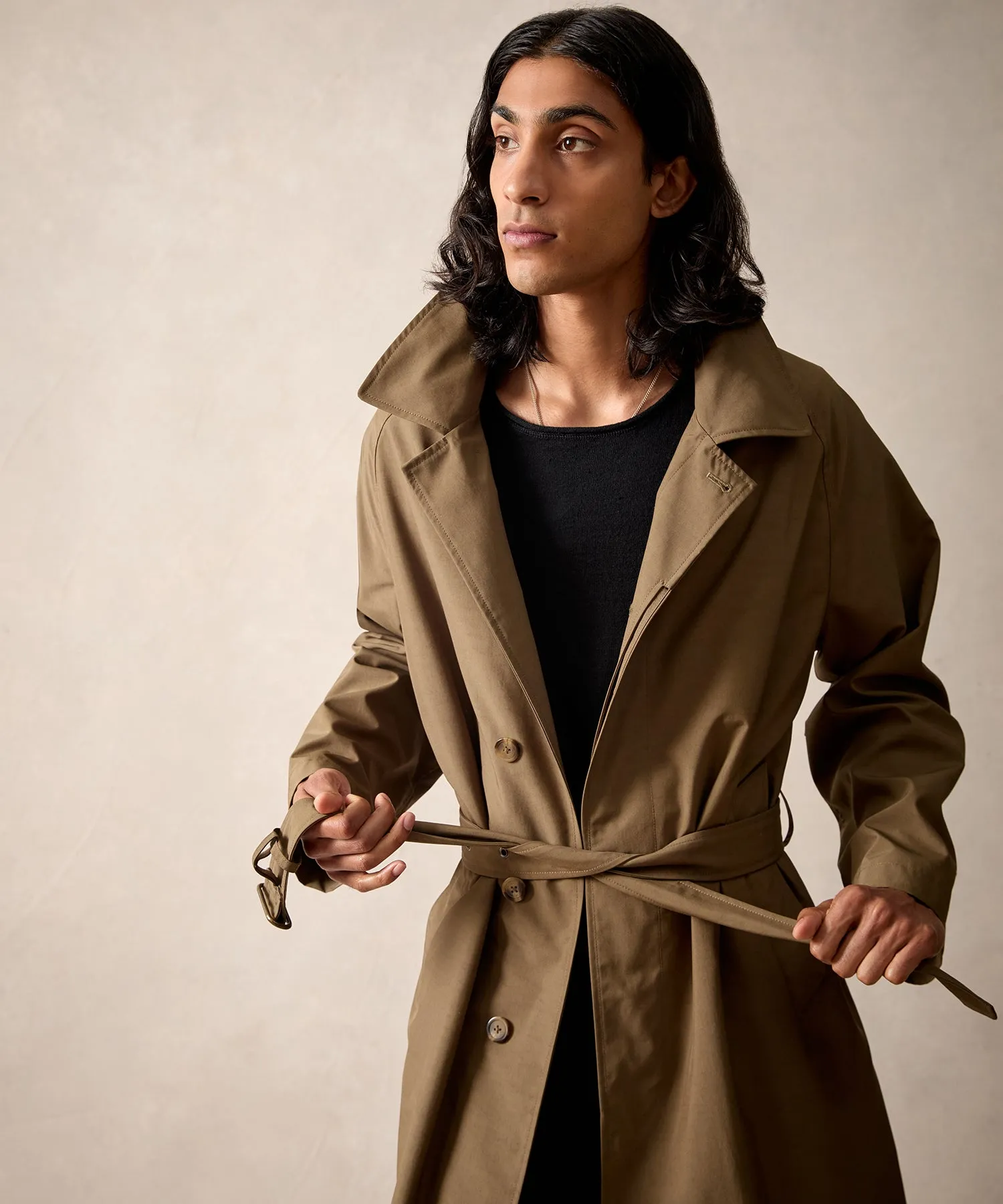 Italian Belted Balmacaan Trenchcoat in Olive