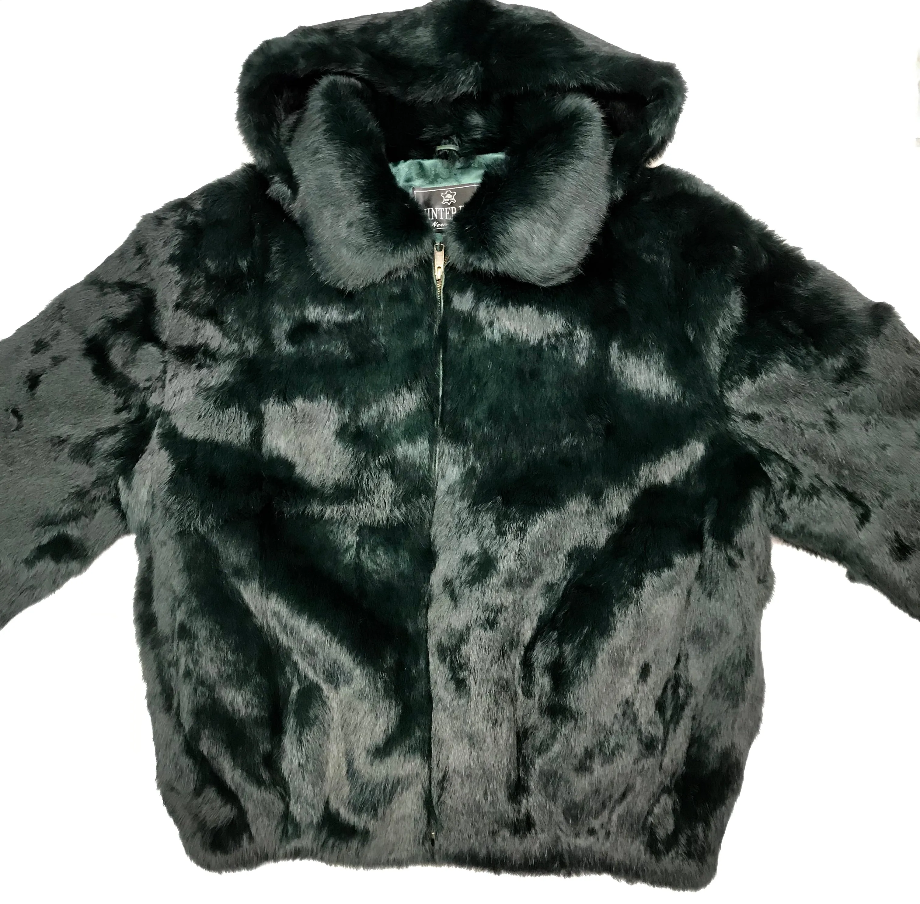 Kashani Men's Olive Green Rabbit Fur Hooded Bomber Jacket