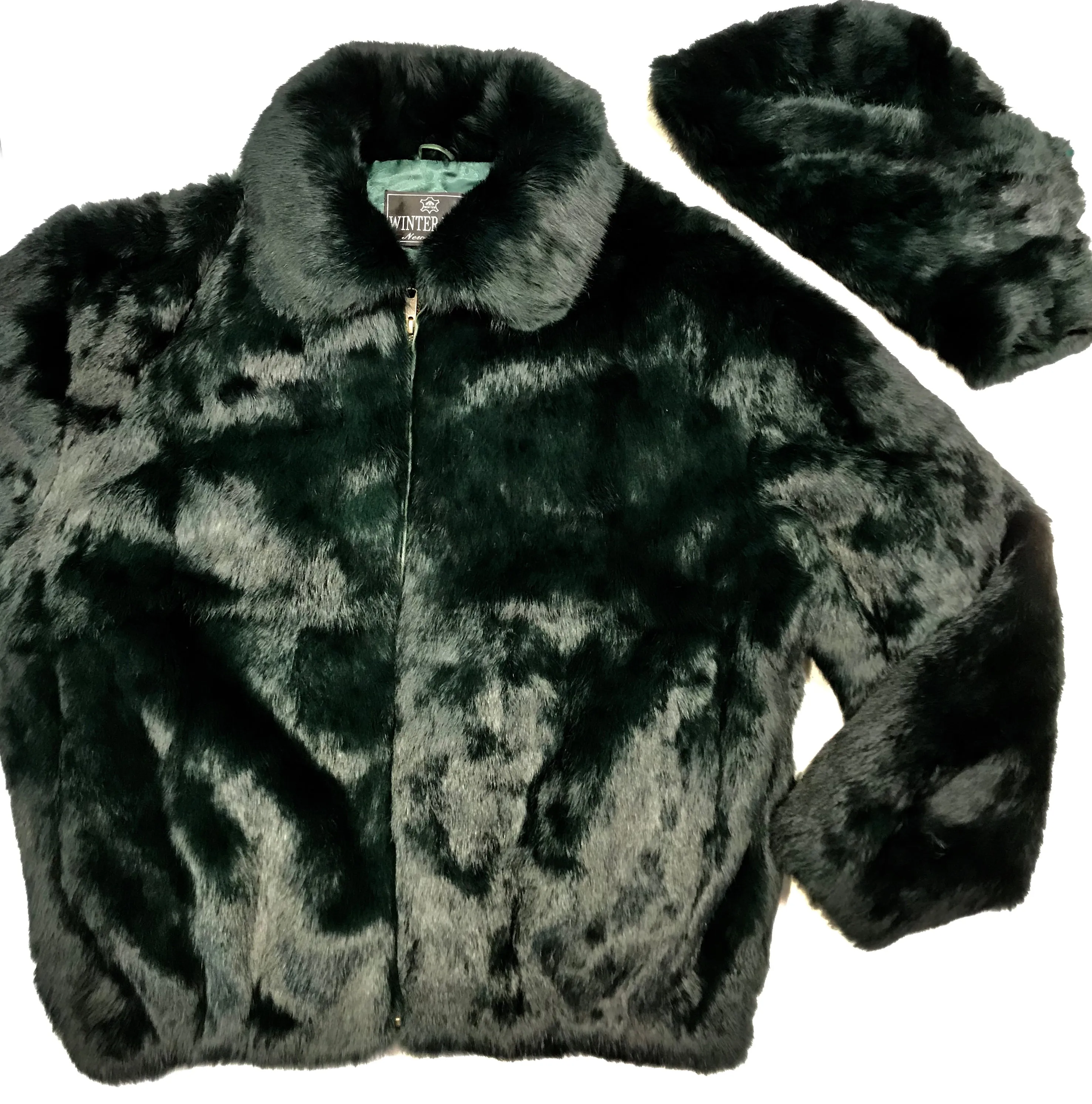 Kashani Men's Olive Green Rabbit Fur Hooded Bomber Jacket