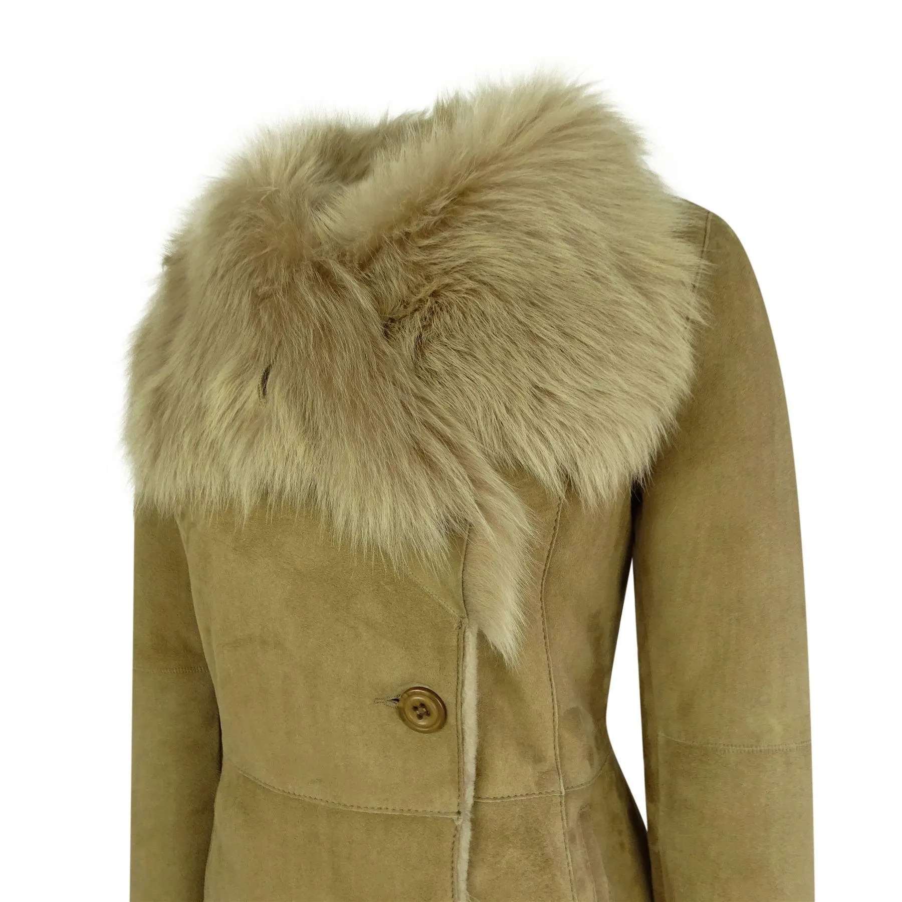 Ladies Real Sheepskin Jacket Suede Button Tailored Fit 3/4 Long Trench Coat Italian