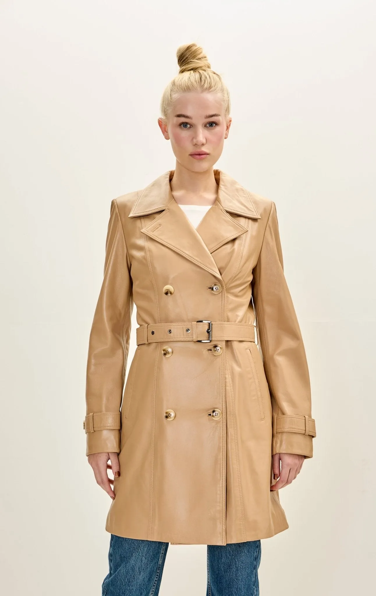 Lambskin Leather Double Breasted Trench Coat - Dark Beige