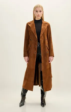 Lambskin Leather Suede Double Brested Long Coat - Cognac