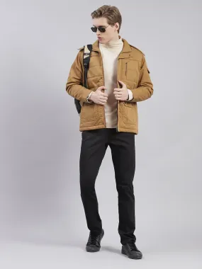 Men Brown Solid Hooded Full Sleeve Jackets