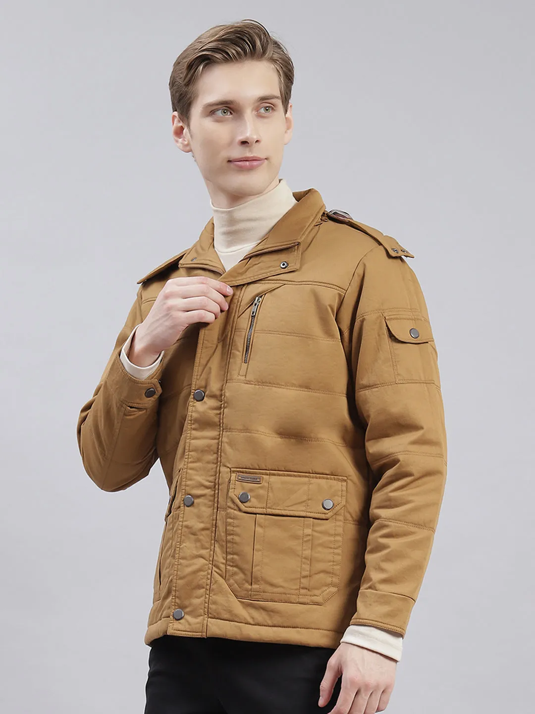 Men Brown Solid Hooded Full Sleeve Jackets