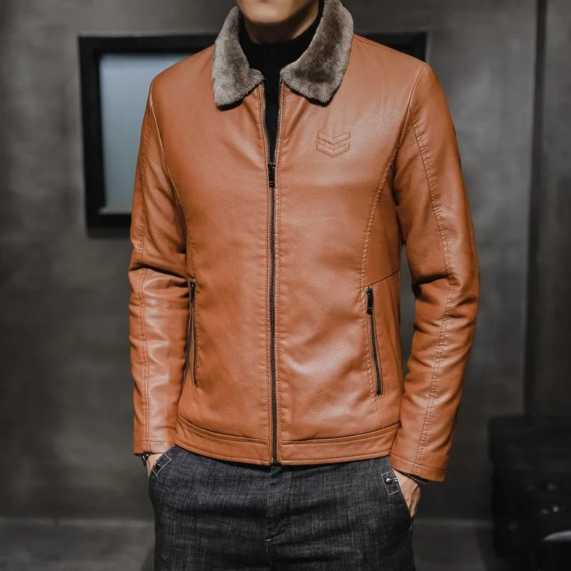 Men's Lapel Collar Plush Lined PU Leather Bomber Jacket (3 colors)