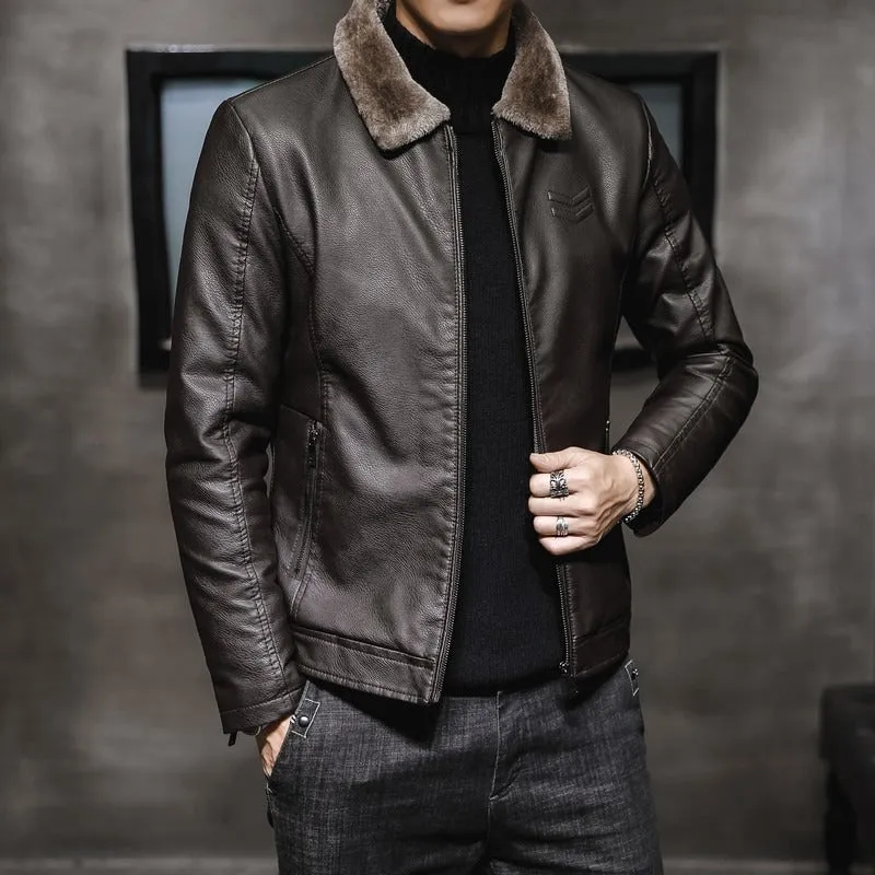 Men's Lapel Collar Plush Lined PU Leather Bomber Jacket (3 colors)