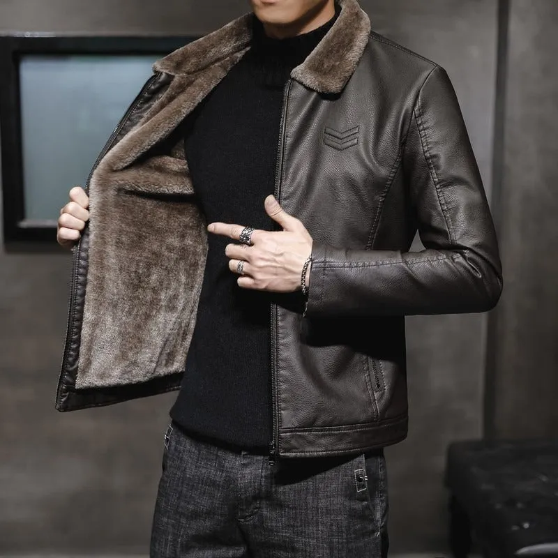 Men's Lapel Collar Plush Lined PU Leather Bomber Jacket (3 colors)