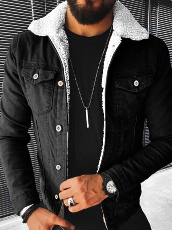 Men's Plush Style Thickened Denim Outer Jacket